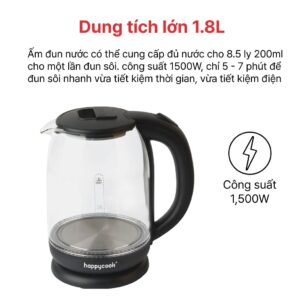 Ấm siêu tốc thủy tinh 1.8L HAPPYCOOK, HEK-183G