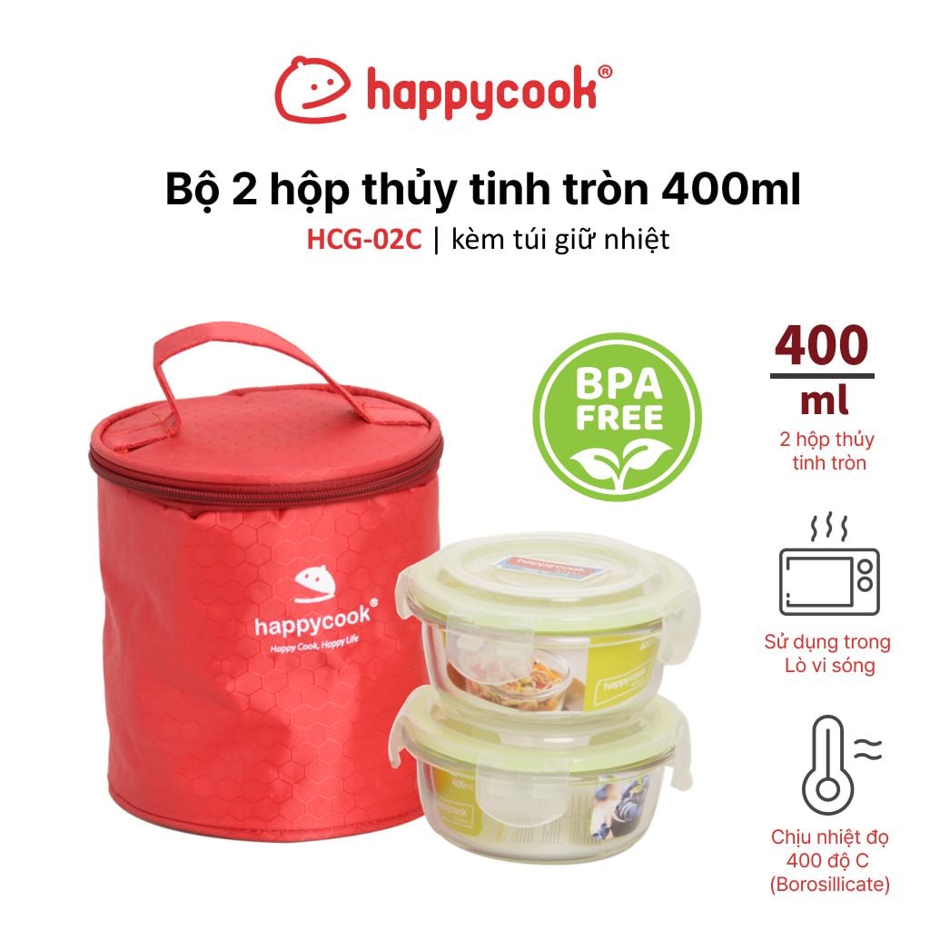 Bộ 2 hộp thủy tinh tròn 400ml + kèm túi giữ nhiệt HAPPYCOOK, HCG-02C