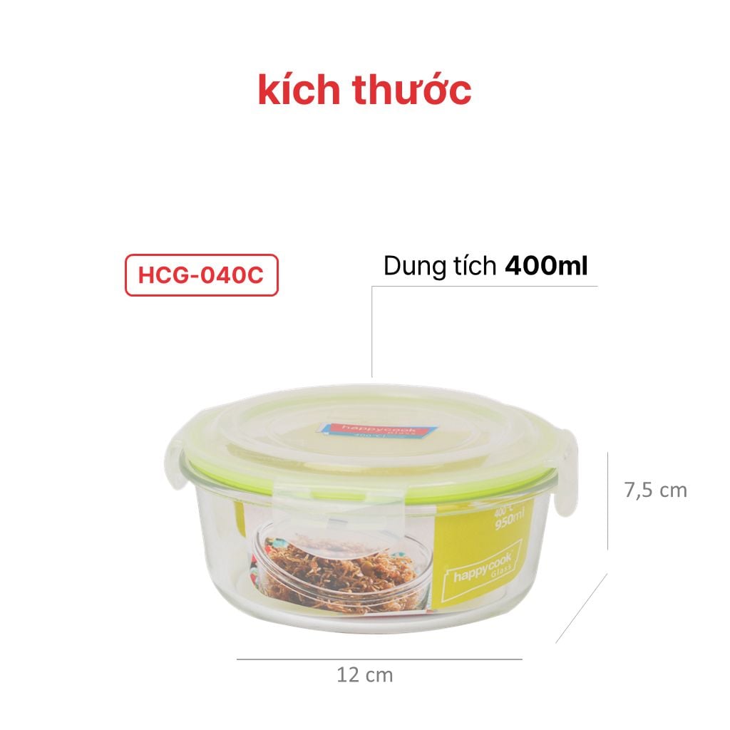 Bộ 2 hộp thủy tinh tròn 400ml + kèm túi giữ nhiệt HAPPYCOOK, HCG-02C