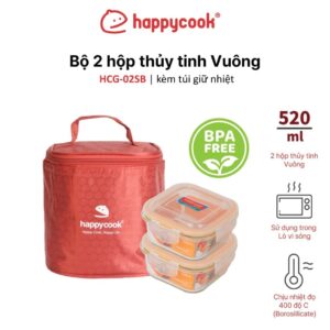 Bộ 2 hộp thủy tinh Vuông 520ml + kèm túi giữ nhiệt HAPPYCOOK, HCG-02SB