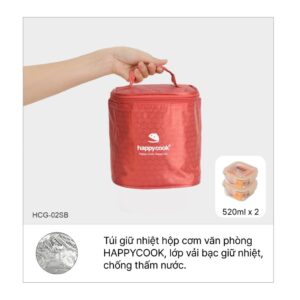 Bộ 2 hộp thủy tinh Vuông 520ml + kèm túi giữ nhiệt HAPPYCOOK, HCG-02SB