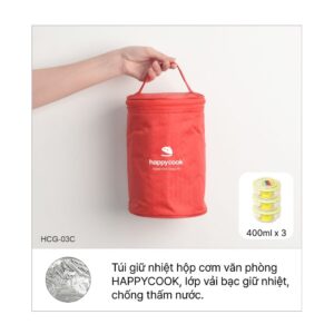 Bộ 3 hộp thủy tinh tròn 400ml kèm túi giữ nhiệt HAPPYCOOK, HCG-03C
