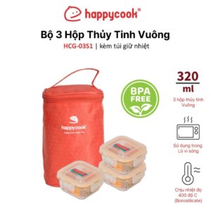 Bộ 3 hộp thủy tinh Vuông 320ml kèm túi giữ nhiệt HAPPYCOOK, HCG-03S1