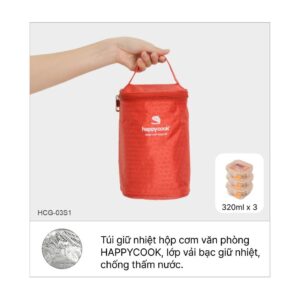 Bộ 3 hộp thủy tinh Vuông 320ml kèm túi giữ nhiệt HAPPYCOOK, HCG-03S1