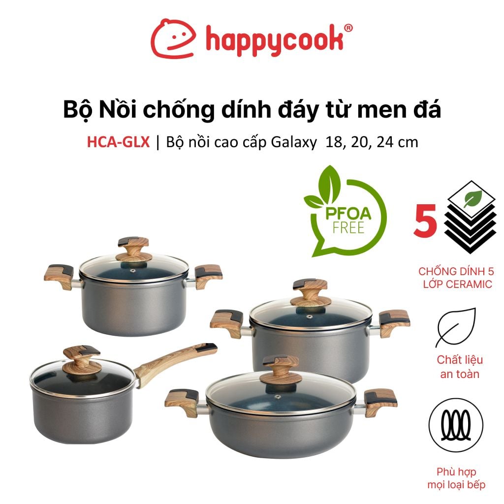 Bộ Nồi chống dính đáy từ men đá Galaxy HAPPYCOOK 18, 20, 24 cm