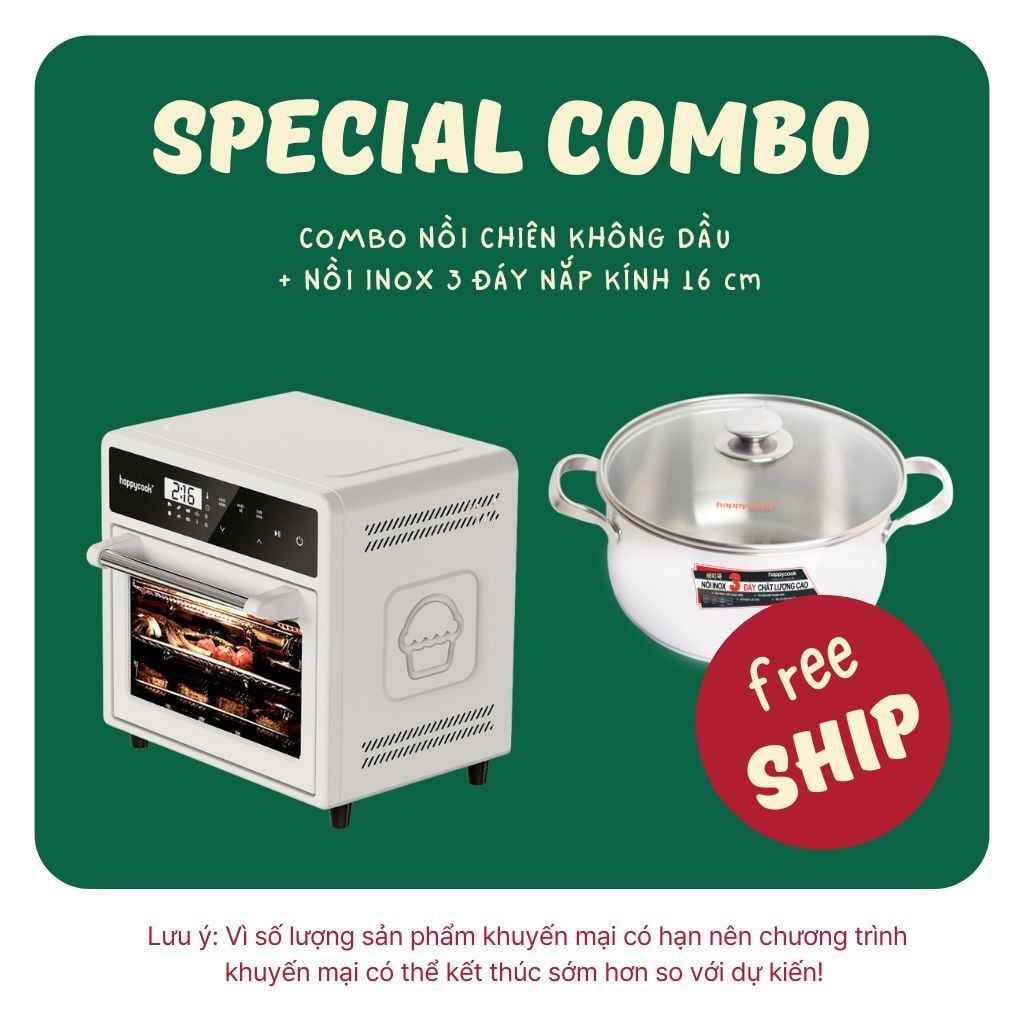 [Combo Sale] Nồi chiên không dầu lò nướng 12L HAPPYCOOK + NỒI INOX 3 ĐÁY NẮP KÍNH 16cm