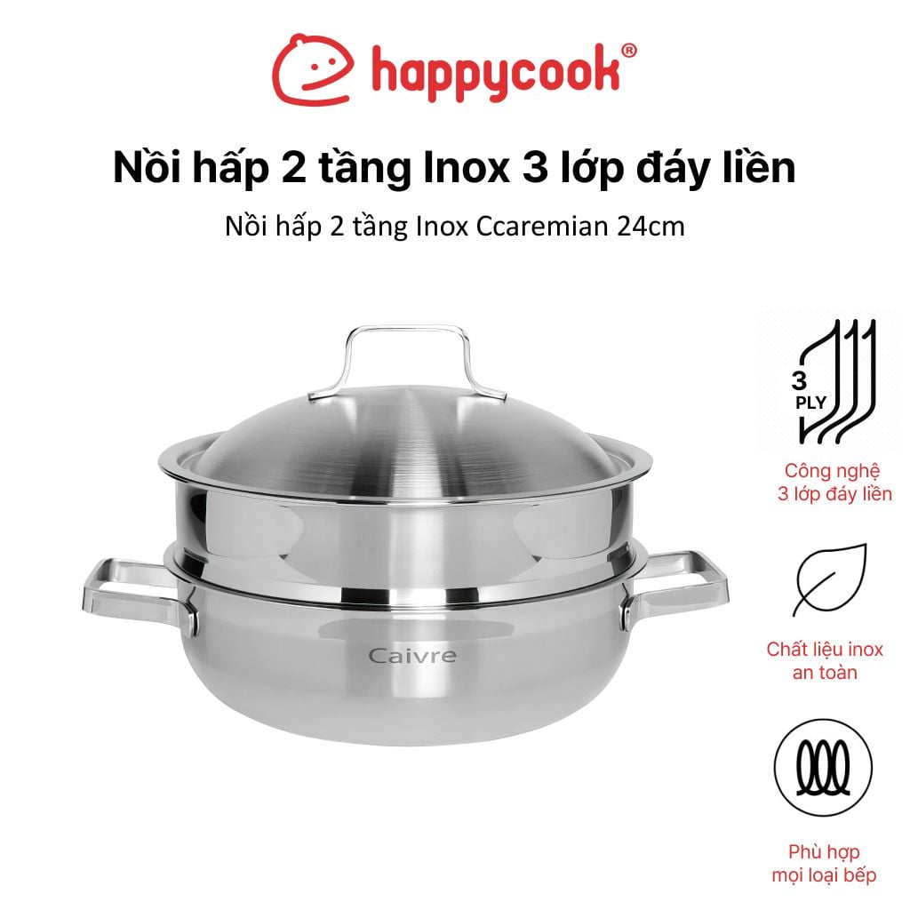 Nồi hấp 2 tầng Inox 3 lớp đáy liền Ccaremian 24cm, HAPPYCOOK