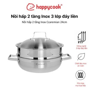 Nồi hấp 2 tầng Inox 3 lớp đáy liền Ccaremian 24cm, HAPPYCOOK