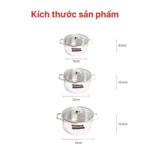 Nồi inox 3 đáy nắp kính 16, 20, 24cm