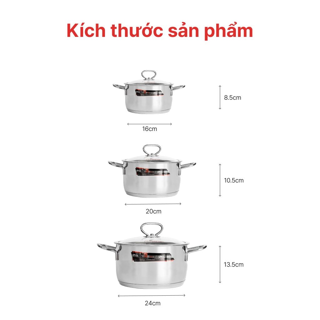Nồi Inox Cao Cấp 3 Đáy Nắp Kiếng Delux 16cm, 20cm, 34cm HC06DLG, DLG