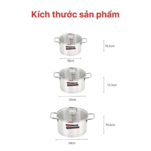 Nồi inox cao cấp 3 đáy nắp kiếng Novelty 18, 20, 24cm, HAPPYCOOK, NV